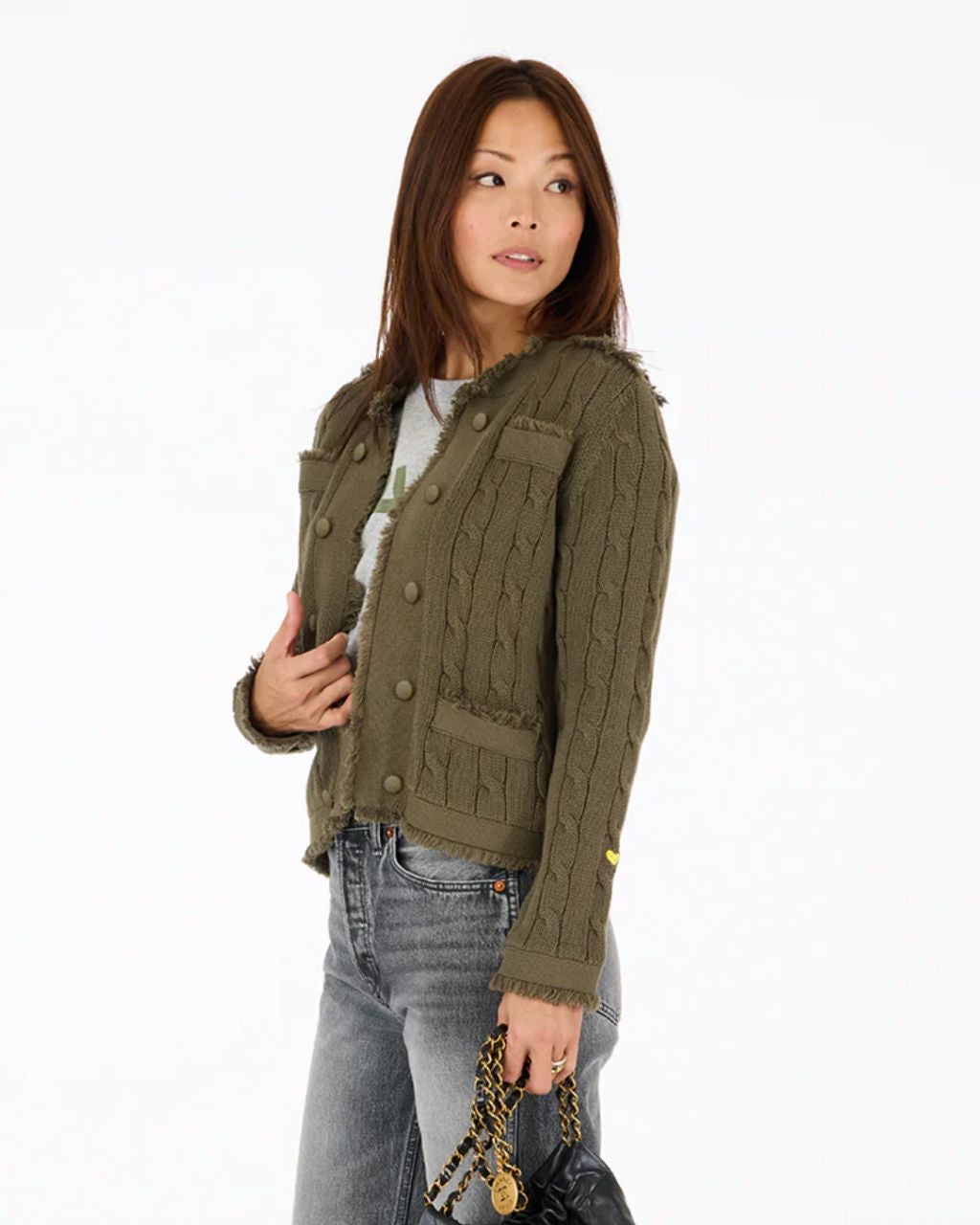 Beau-Lero Fringe Cable Cardigan - Army Green