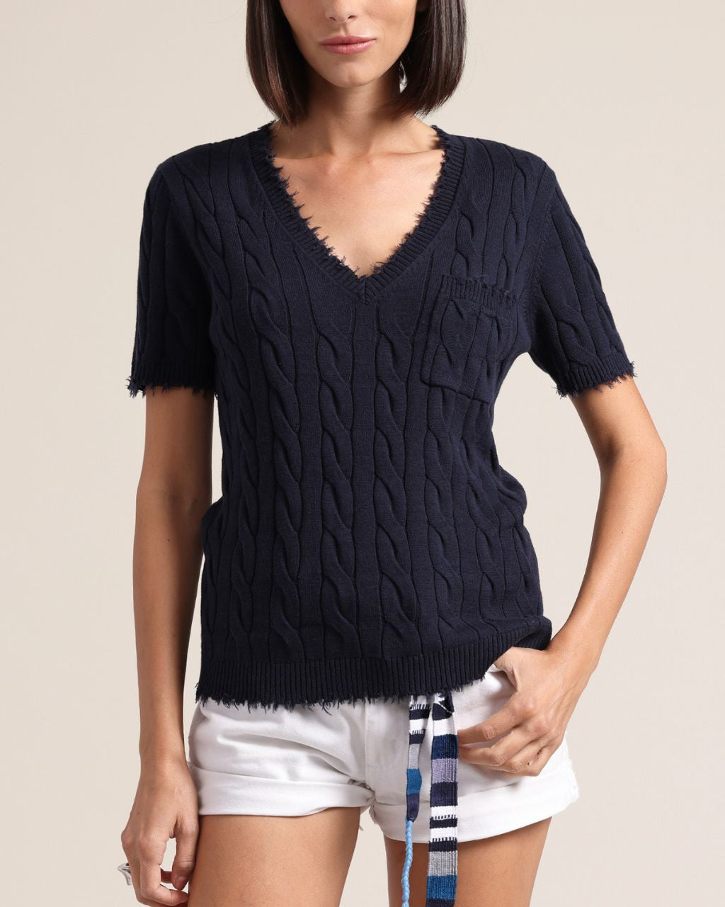 Cotton Cashmere Frayed V Tee