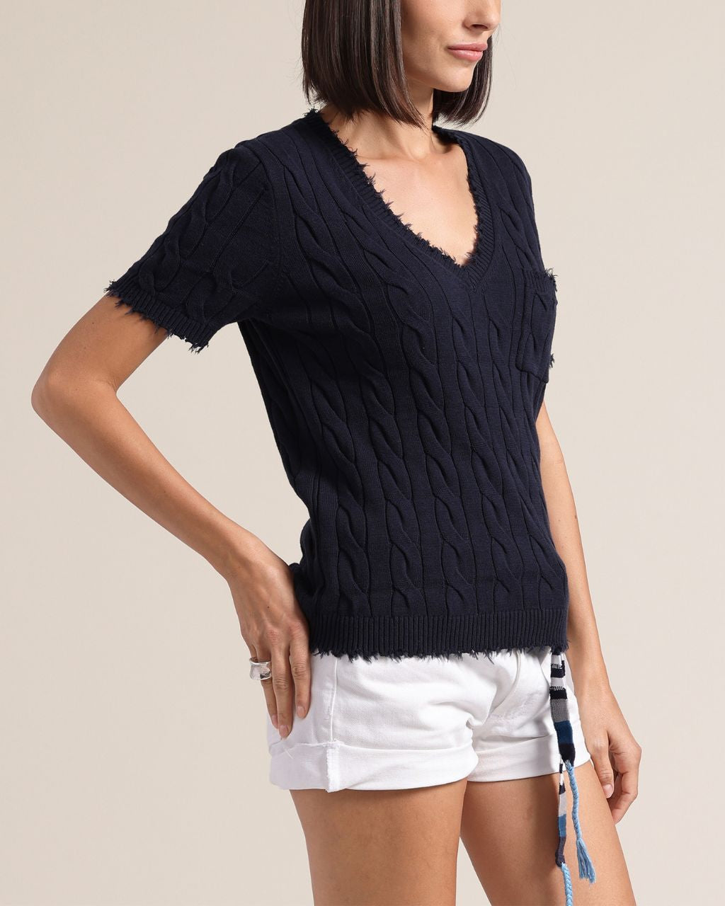 Cotton Cashmere Frayed V Tee