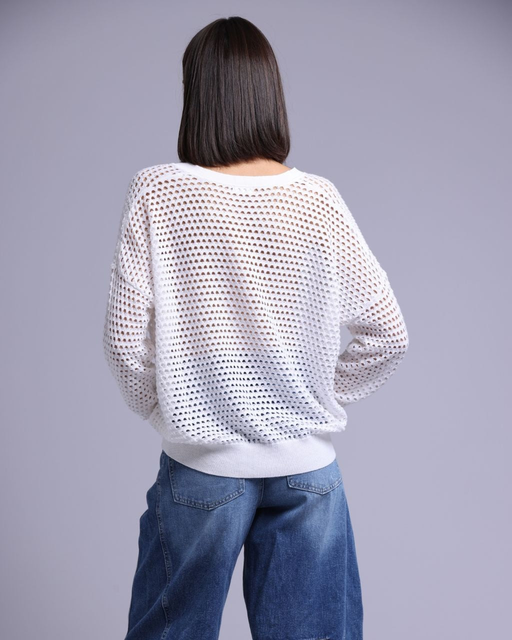 Cotton Cashmere Plaited Mesh Split Neck LS Top