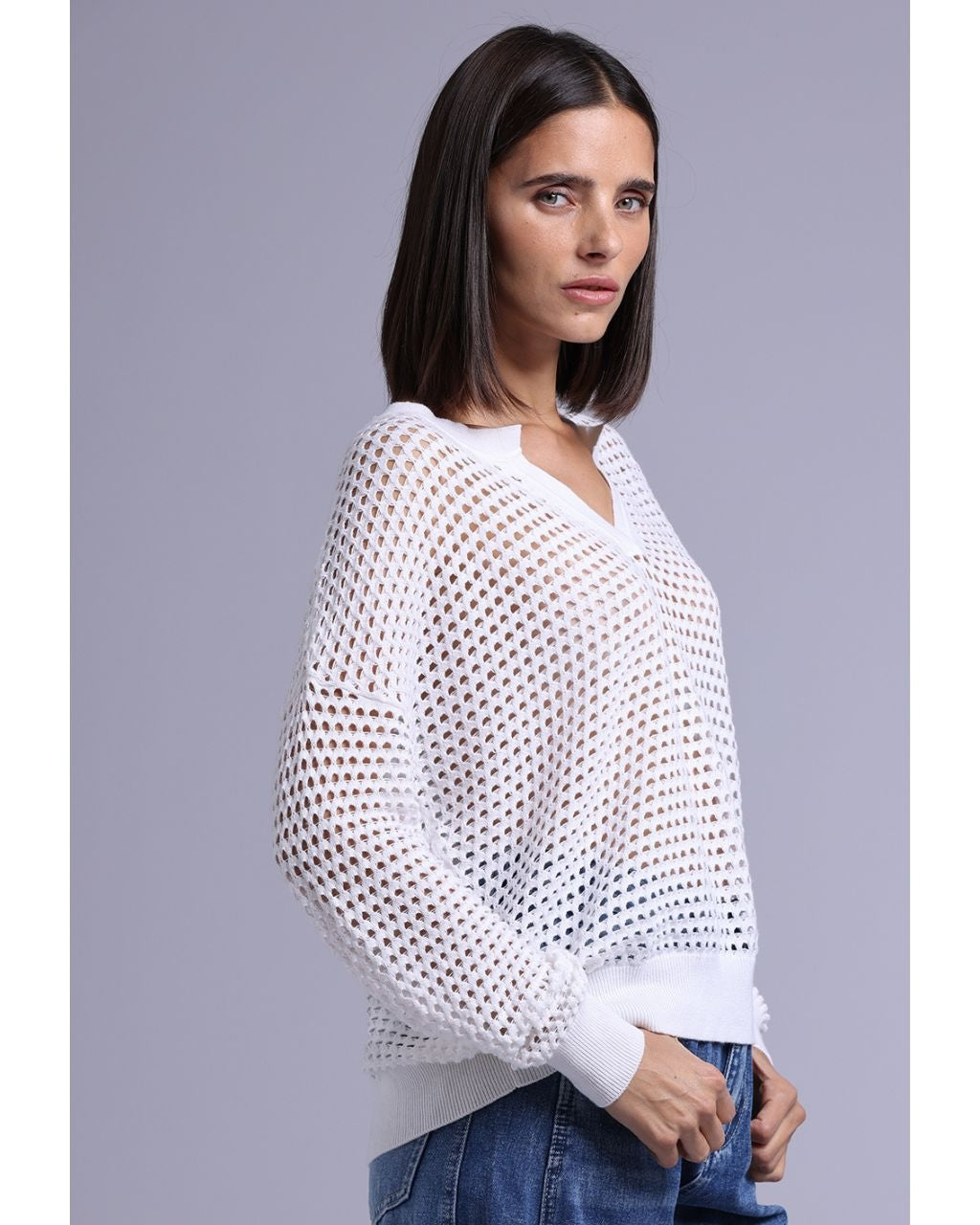 Cotton Cashmere Plaited Mesh Split Neck LS Top