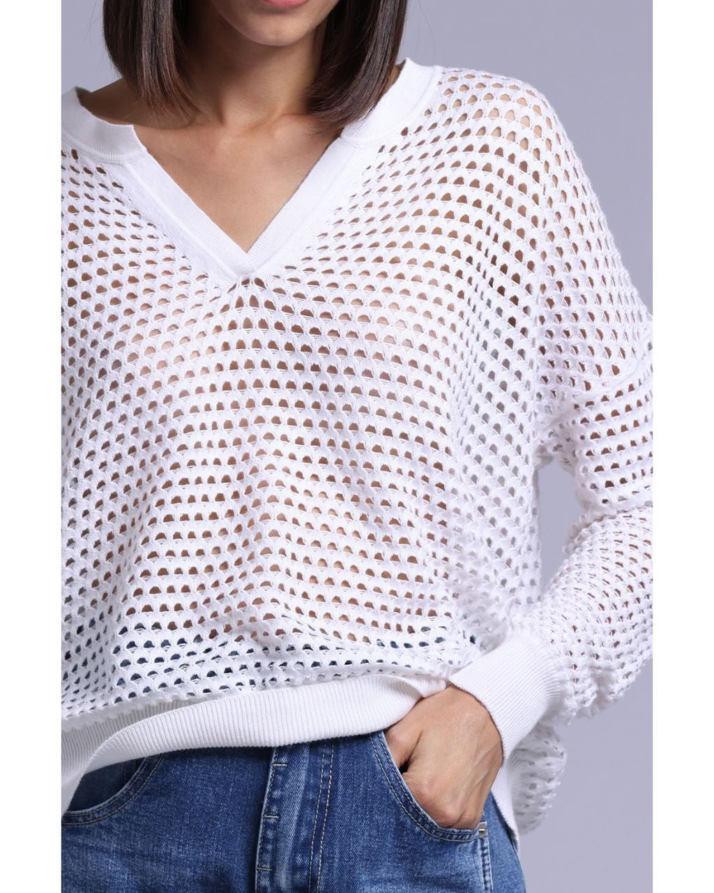 Cotton Cashmere Plaited Mesh Split Neck LS Top