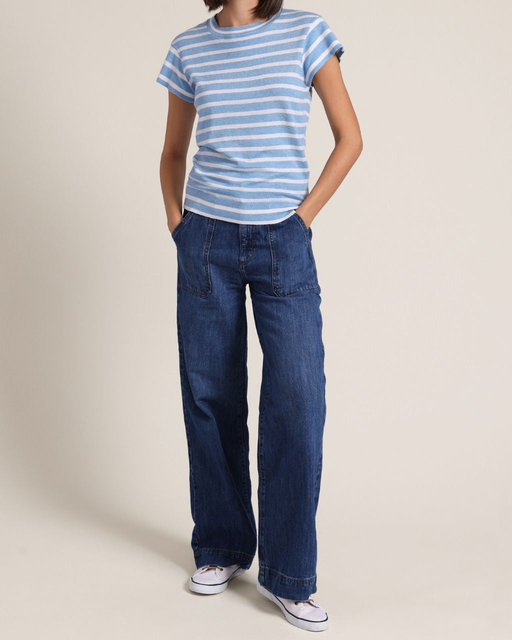 Cotton Cashmere Striped Cap Sleeve Crew