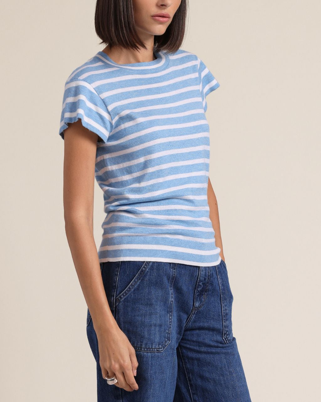 Cotton Cashmere Striped Cap Sleeve Crew