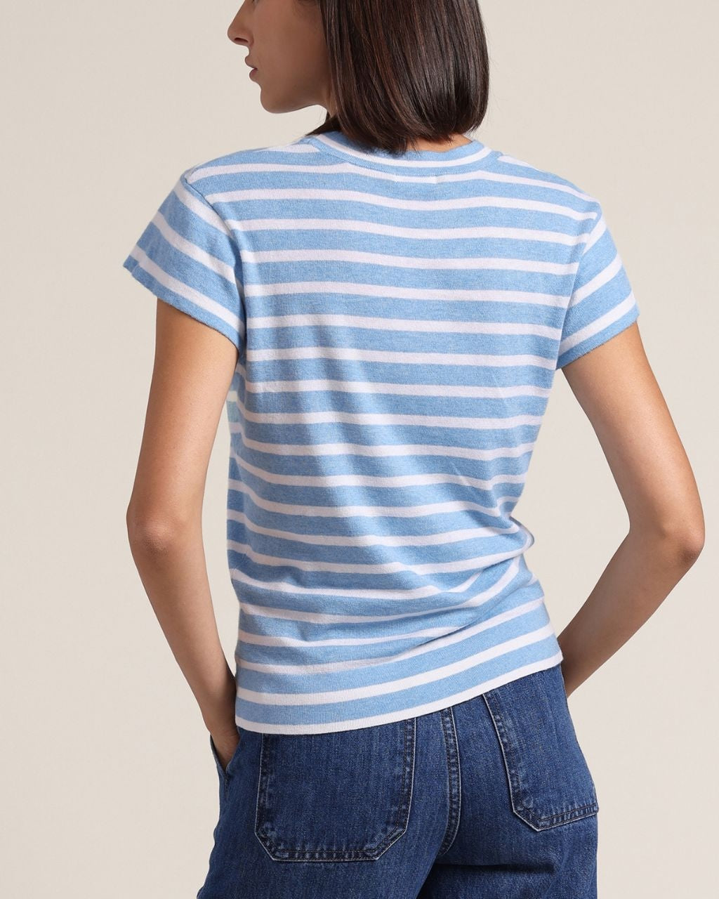 Cotton Cashmere Striped Cap Sleeve Crew