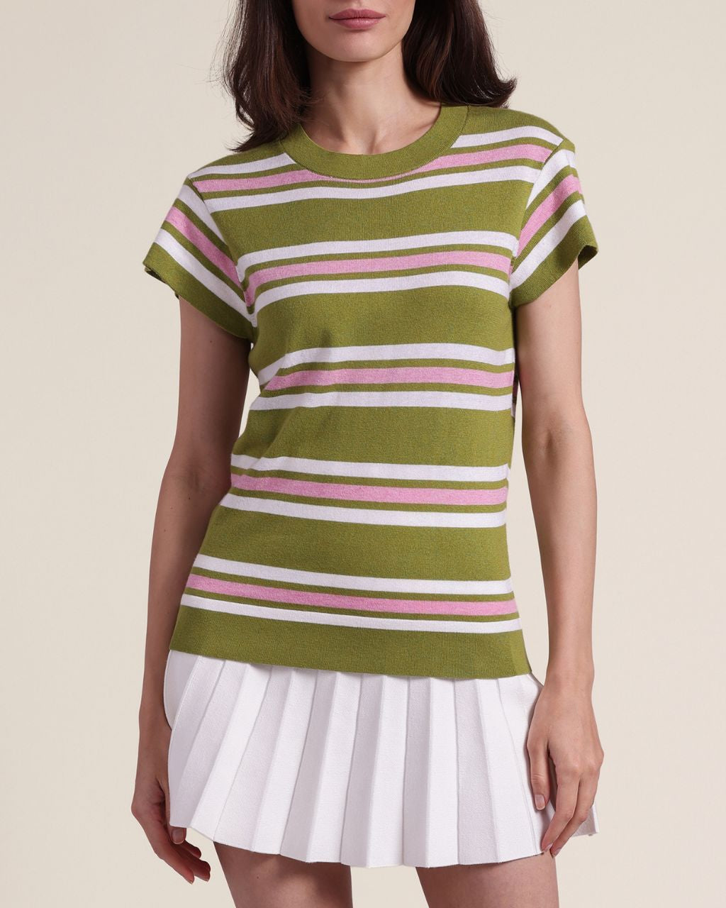 Cotton Cashmere Striped Cap Sleeve Crew