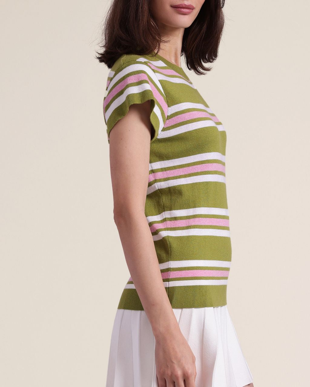 Cotton Cashmere Striped Cap Sleeve Crew