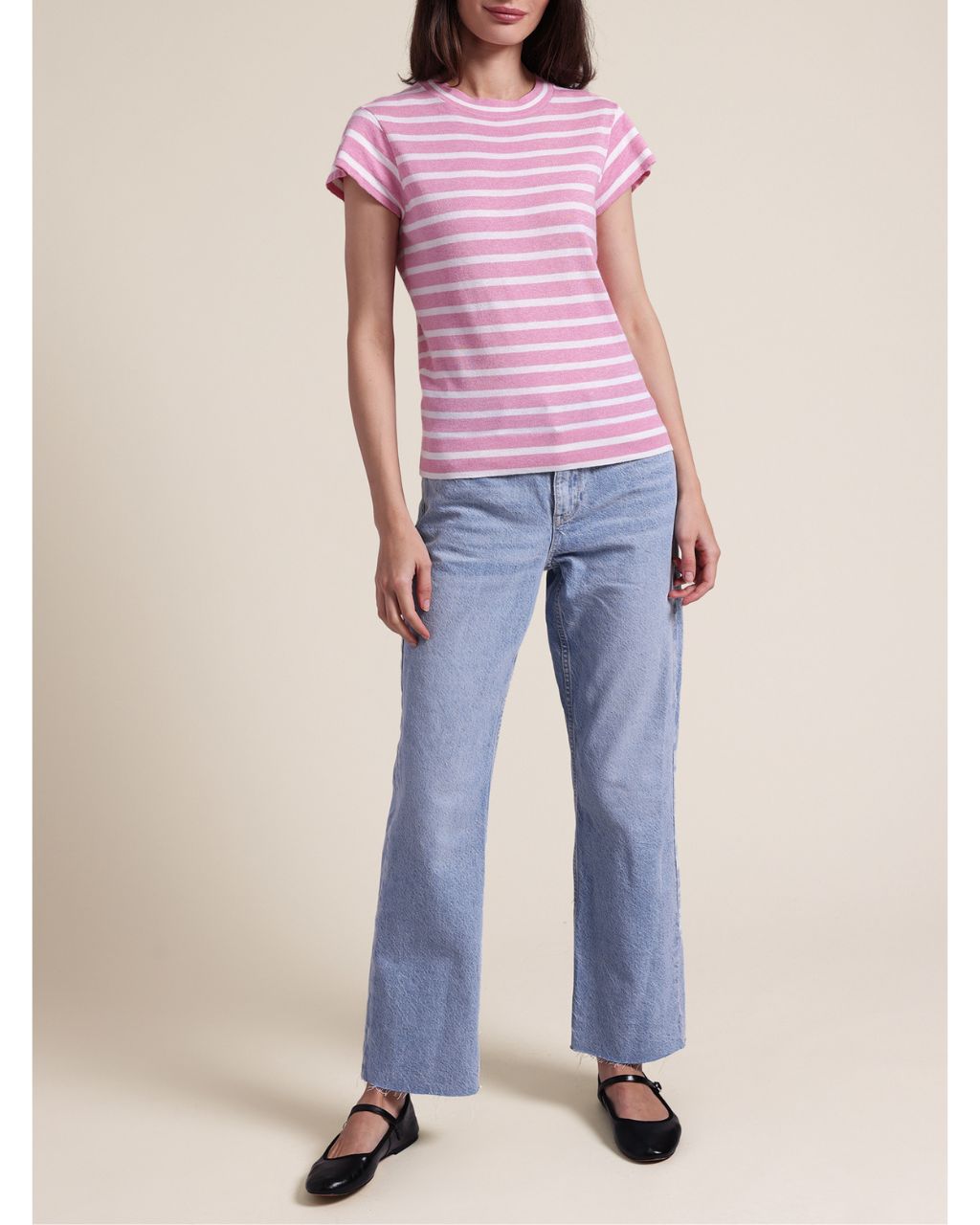 Cotton Cashmere Striped Cap Sleeve Crew