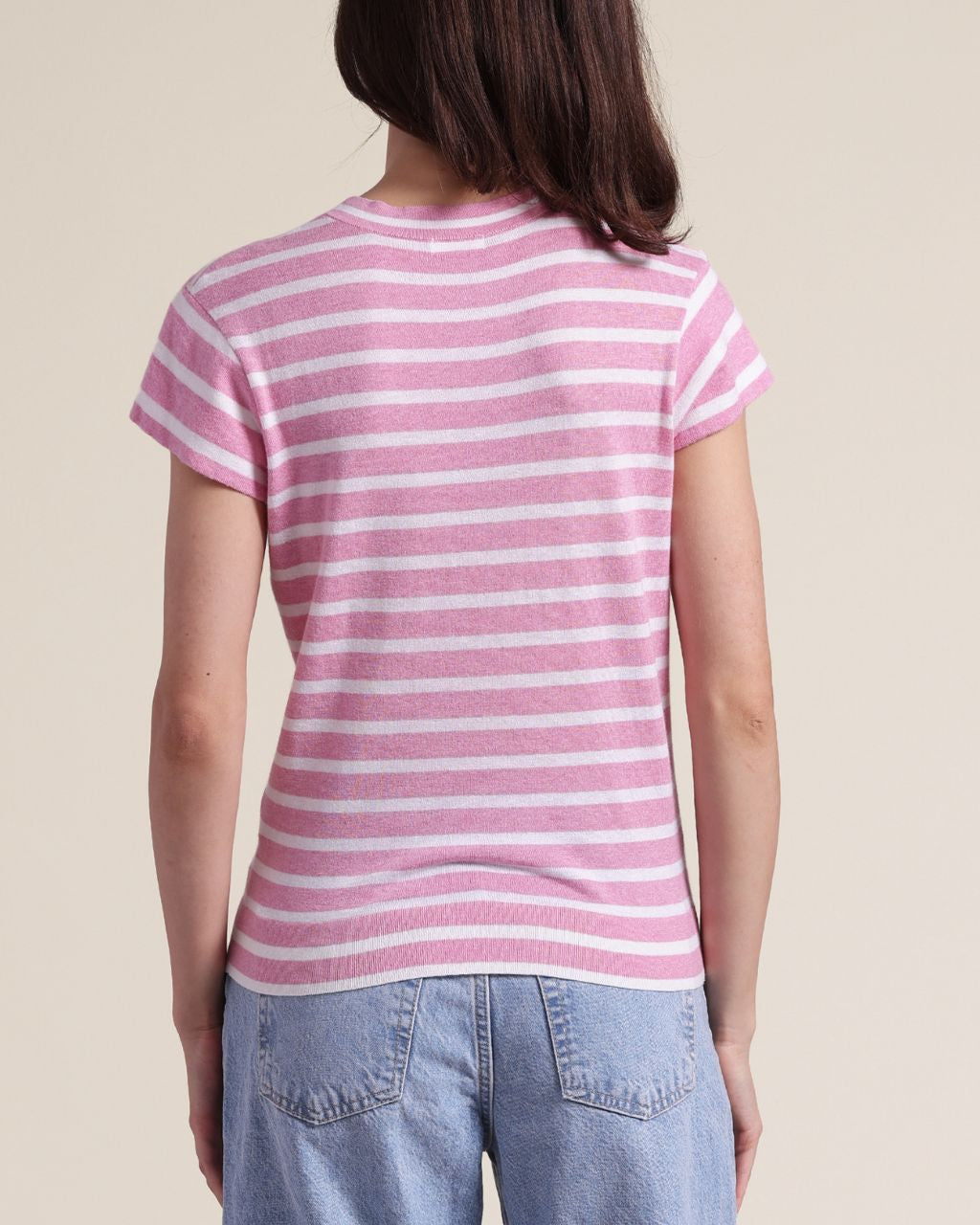 Cotton Cashmere Striped Cap Sleeve Crew