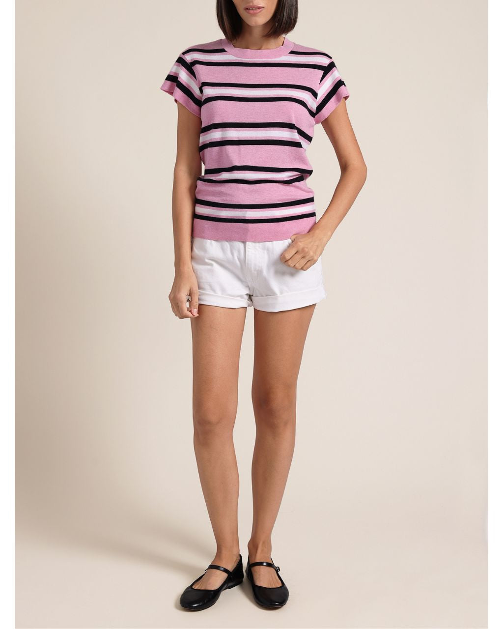 Cotton Cashmere Striped Cap Sleeve Crew