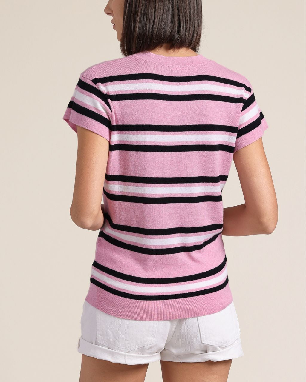 Cotton Cashmere Striped Cap Sleeve Crew