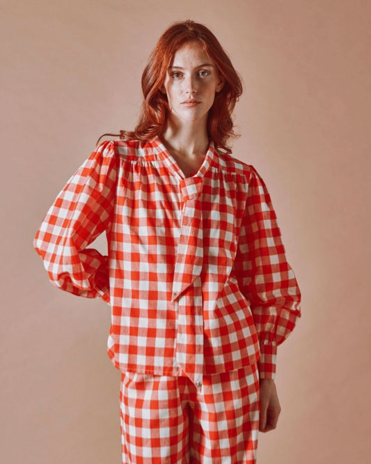 Diva Red Gingham Lavalière Collar Blouse