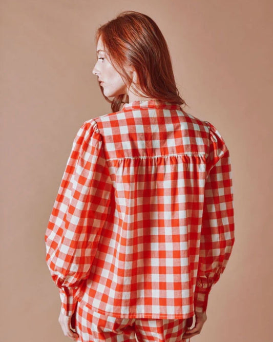Diva Red Gingham Lavalière Collar Blouse