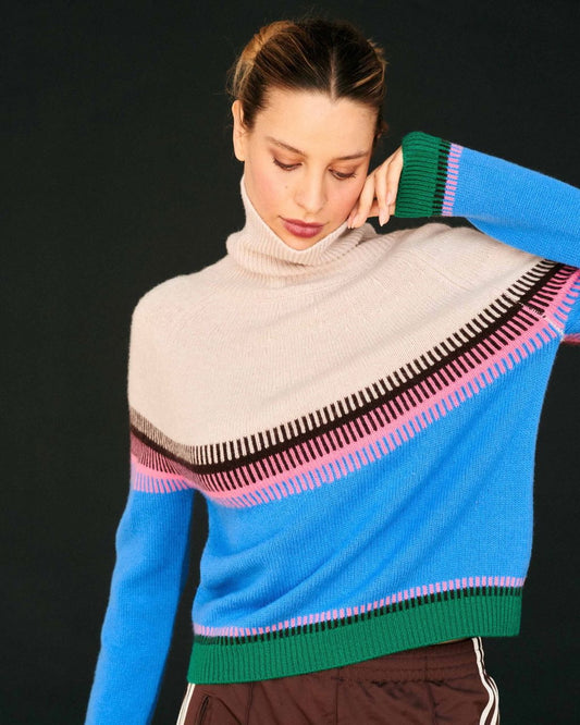 Wool Cashmere Block Fair Isle Roll Collar