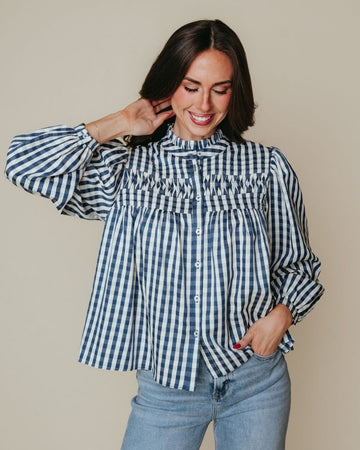 Lindy Top - Navy and Cream Check