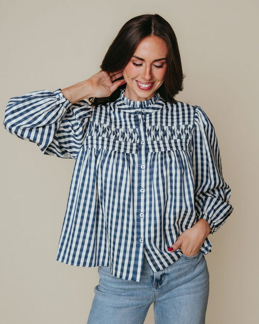 Lindy Top - Navy and Cream Check