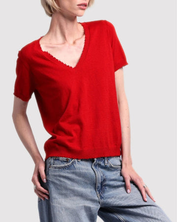 Cotton Cashmere Frayed V Tee