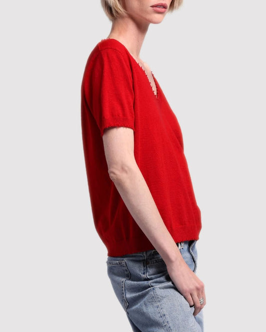 Cotton Cashmere Frayed V Tee
