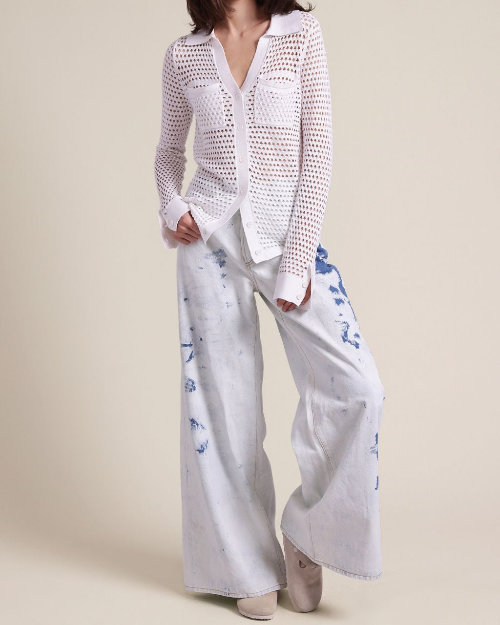Cotton Cashmere Plaited Mesh Button Down Shirt