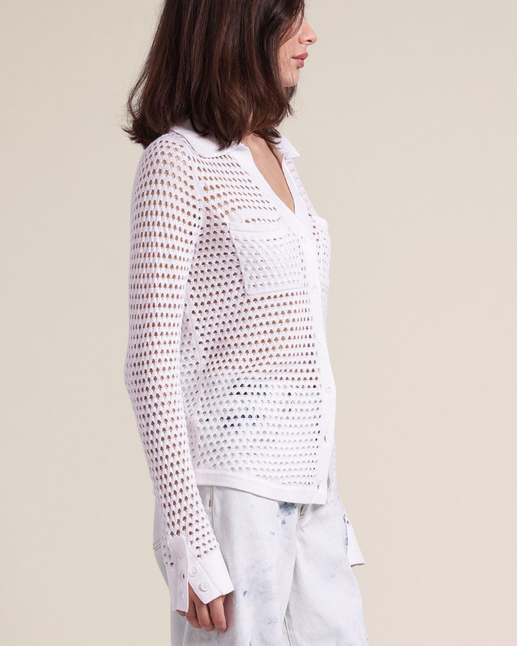 Cotton Cashmere Plaited Mesh Button Down Shirt