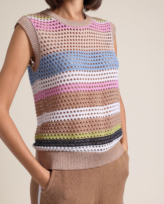 Cotton Cashmere Plaited Mesh Stripe Muscle Tank