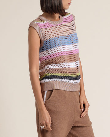 Cotton Cashmere Plaited Mesh Stripe Muscle Tank