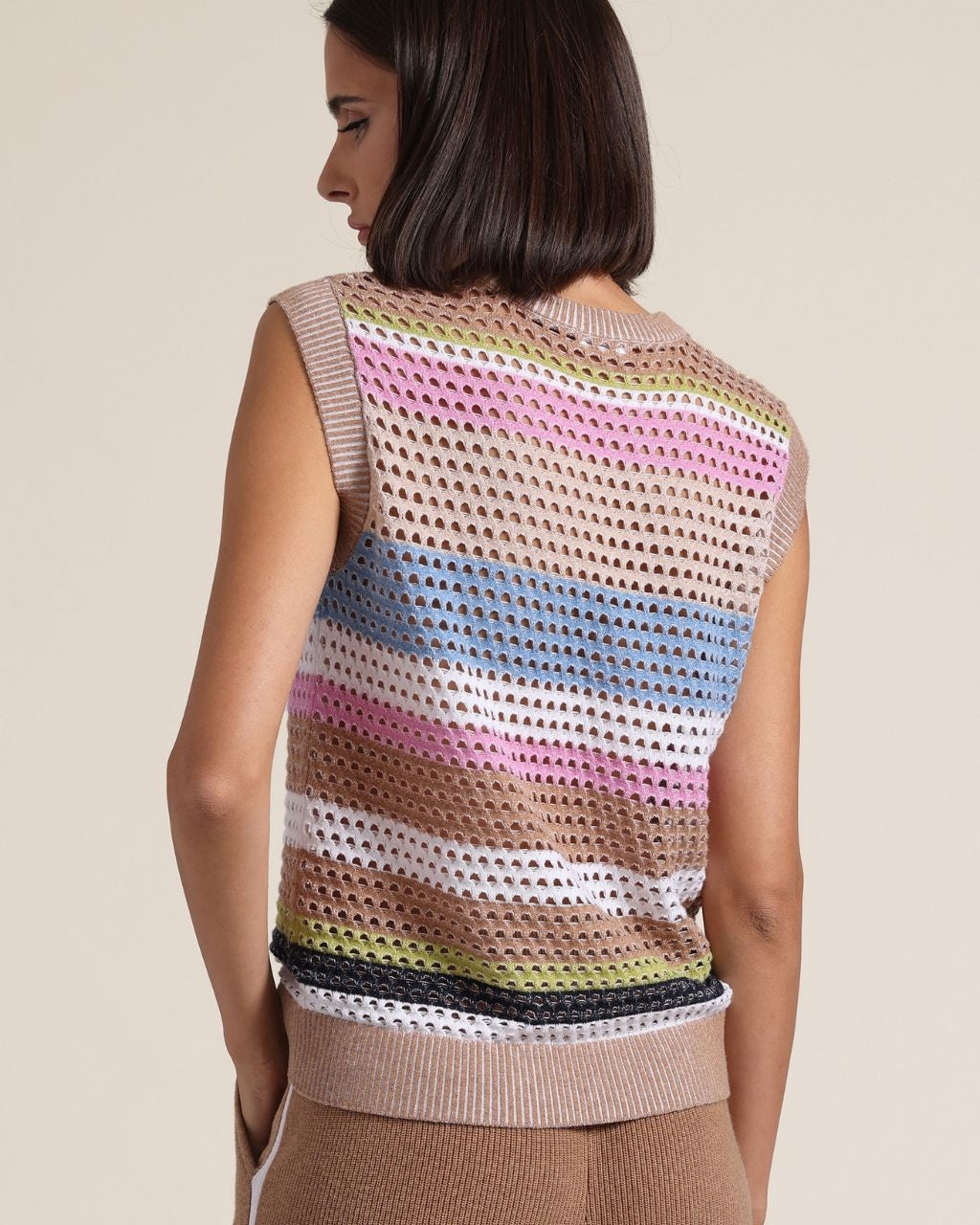 Cotton Cashmere Plaited Mesh Stripe Muscle Tank