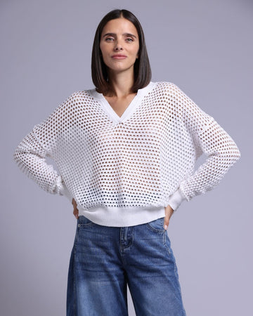 Cotton Cashmere Plaited Mesh Split Neck LS Top