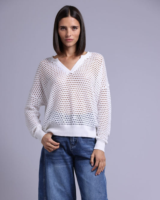 Cotton Cashmere Plaited Mesh Split Neck LS Top