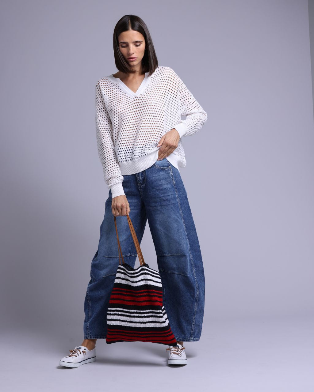 Cotton Cashmere Plaited Mesh Split Neck LS Top