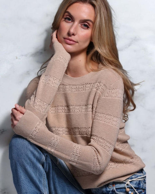 Cotton Cashmere Pointelle Stripe Crew