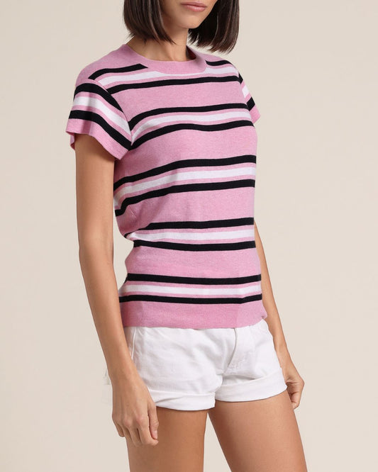Cotton Cashmere Striped Cap Sleeve Crew